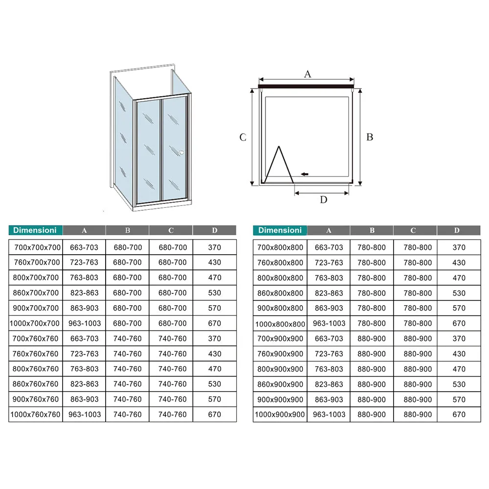 185cm Box Doccia a Tre Lati Porta a Soffietto con Doppia Parete Fissa in Vetro Temperato Satinato Opaco 5mm Profilo Cromato Lucido