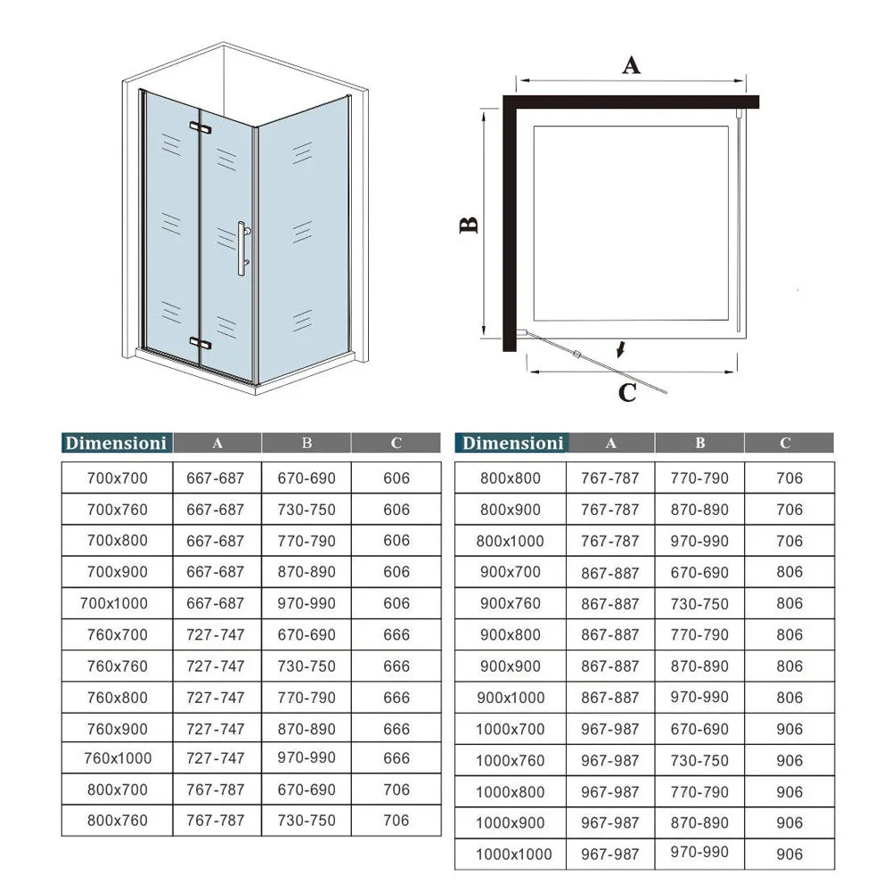 190cm Box Doccia Angolare Porta Battente Pieghevole con Parete Fissa in Vetro Temperato 5mm Anticalcare Barra Stabilizzatrice da 45cm Nera Opaca