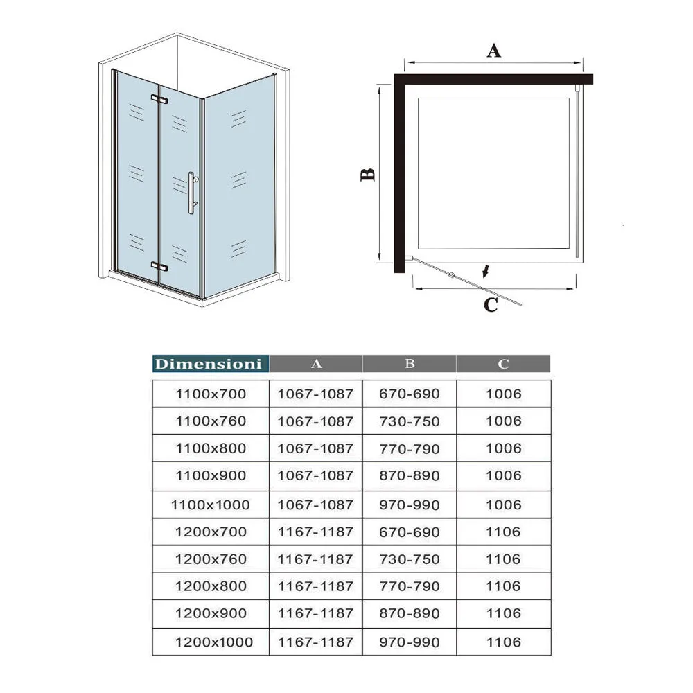 190cm Box Doccia Angolare Porta Battente Pieghevole con Parete Fissa in Vetro Temperato 5mm Anticalcare Barra Stabilizzatrice da 45cm Nera Opaca