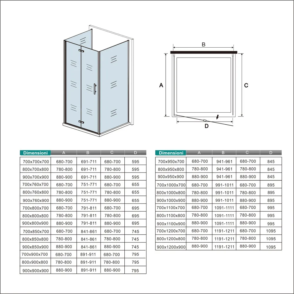 195cm Box Doccia a Tre Lati Porta Pieghevole a Libro Doppia Parete Fissa Vetro da 6 mm Temperato Anticalcare Barra Stabilizzatrice 45cm Cromo Lucido