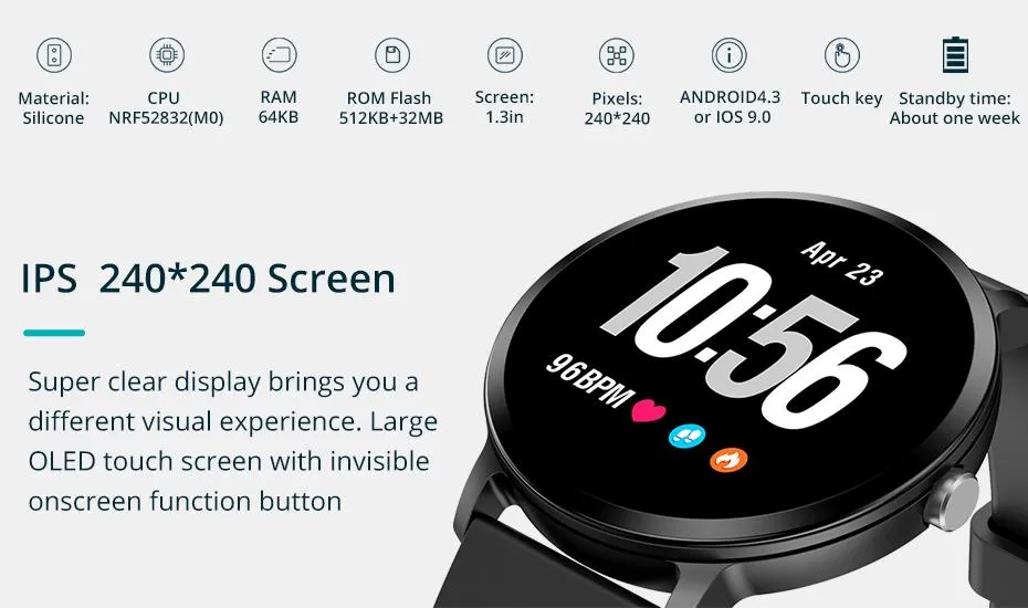 Activity Tracker Fitness Tempered Glass Smartwatch with Heart Rate Monitor