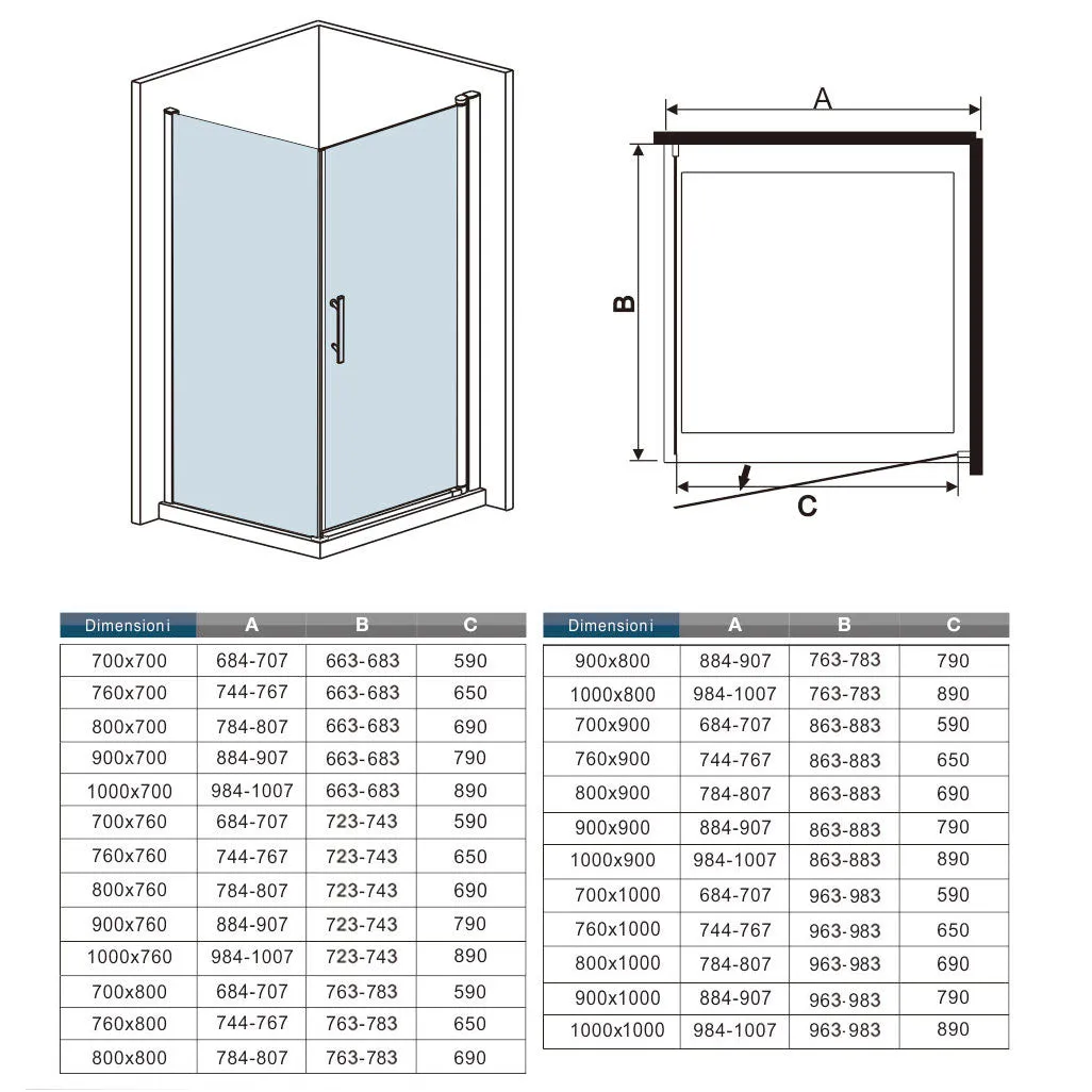 Aica 187/197 cm Box Doccia Angolare Porta Battente Vetro 6 mm Temperato Anticalcare Telaio e Barra Stabilizzatrice Cromato Lucido