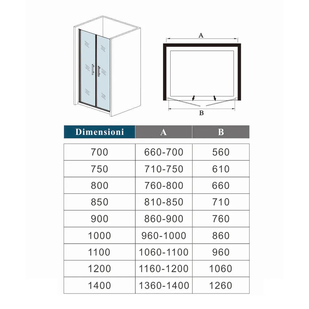 Aica 195cm Box Doccia Per Nicchia Doppia porta battente-Saloon In Vetro 6mm Temperato Trasparente Anticalcare