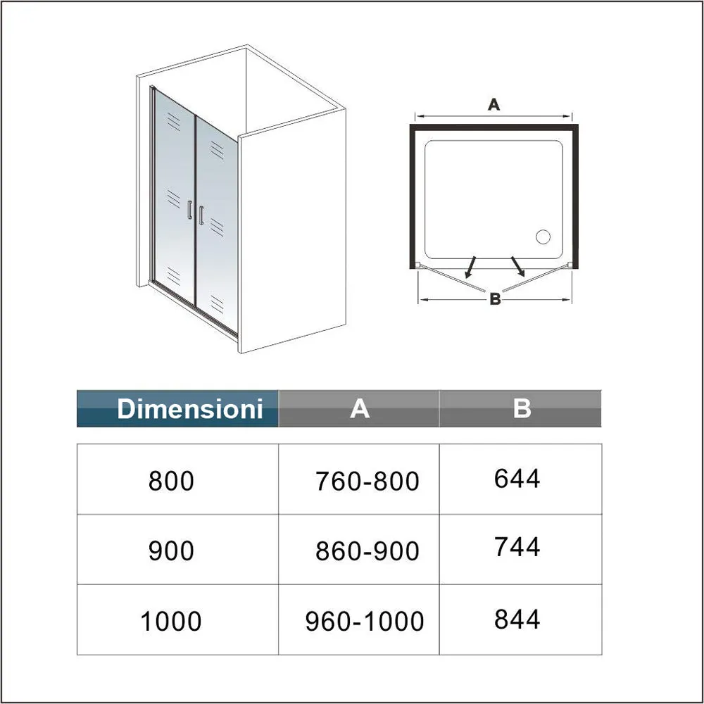 Aica 200 cm Box Doccia Per Nicchia Doppia Porta Battente Saloon In Vetro 8 mm Temperato Trasparente Anticalcare Telaio Nero Opaco