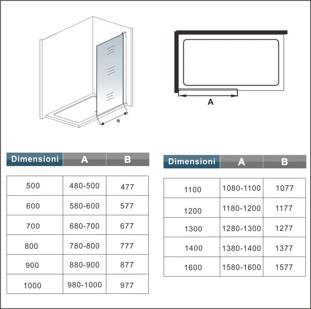 Aica 200 cm Parete Per Doccia Walk In Vetro Temperato 8mm Anticalcare Trasparente con Barra Stabilizzatrice da 73-120 cm varie dimensioni