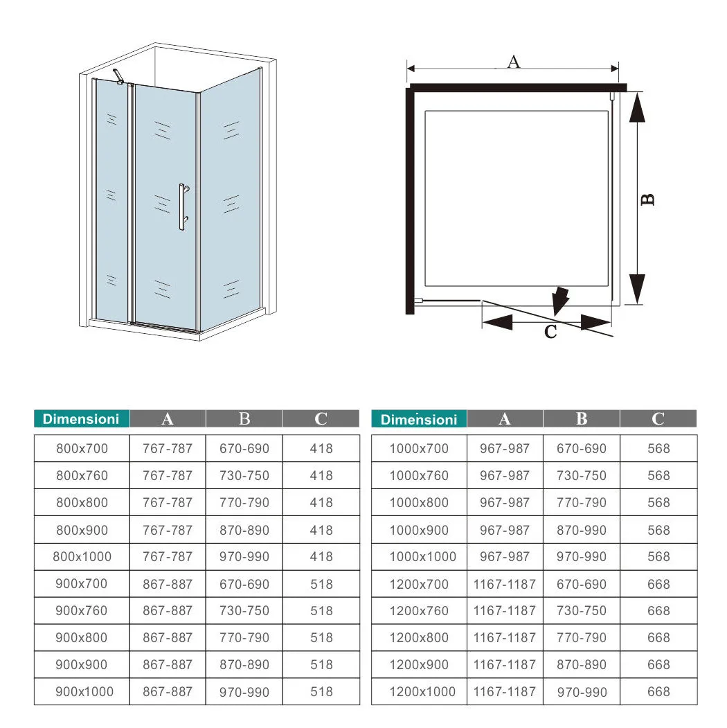 Aica Box Doccia Angolare Porta Battente con Parete Laterale Vetro 6mm Temperato Anticalcare con Barra Stabilizzatrice Cromato Lucido Alto 195 cm