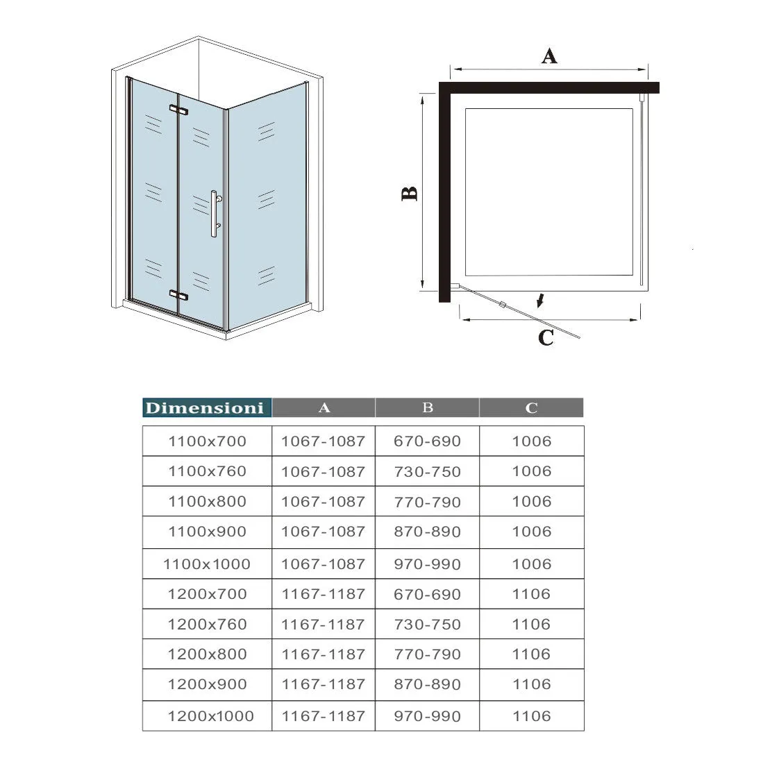 Aica Box Doccia Angolare Porta Pieghevole A Libro Vetro 6 mm Temperato Anticalcare Con Barra Stabilizzatrice Alta 185cm