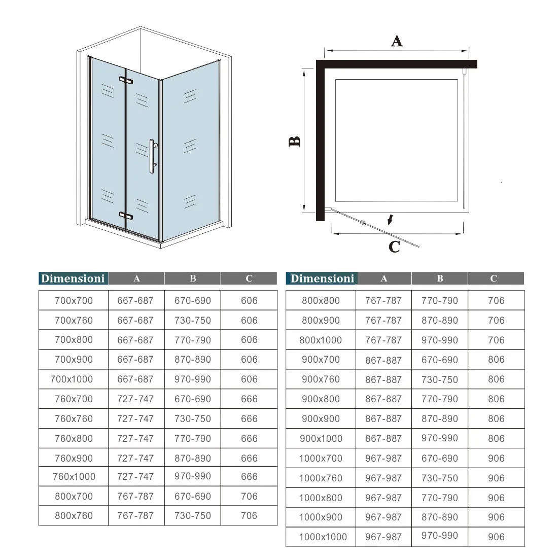 Aica Box Doccia Angolare Porta Pieghevole A Libro Vetro 6 mm Temperato Anticalcare Con Barra Stabilizzatrice Alta 185cm