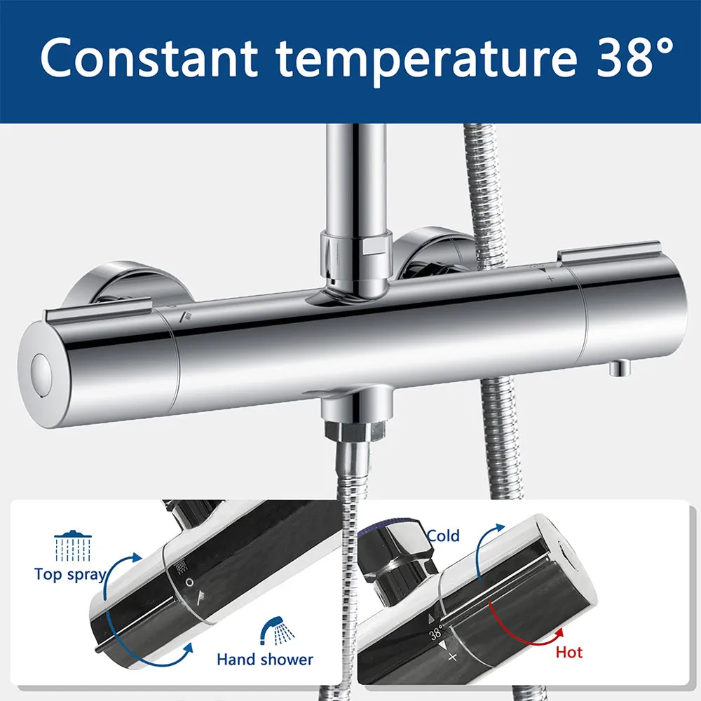 AICA Colonna Doccia con Miscelatore Termostatico, Rubinetto Doccia 300x45mm, Soffione Doccia Tondo in Acciaio Inox 25cm, Altezza Regolabile, Set Doccia Completo, Cromato o Nero opaco