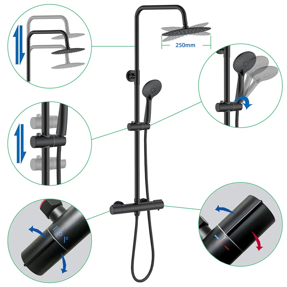 AICA Colonna Doccia con Miscelatore Termostatico, Rubinetto Doccia 300x45mm, Soffione Doccia Tondo in Acciaio Inox 25cm, Altezza Regolabile, Set Doccia Completo, Cromato o Nero opaco