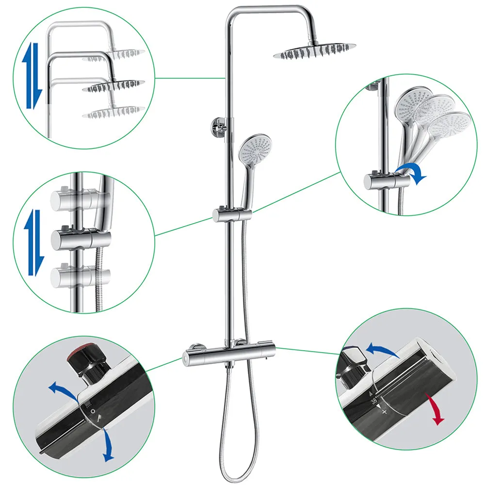 AICA Colonna Doccia con Miscelatore Termostatico, Rubinetto Doccia 300x45mm, Soffione Doccia Tondo in Acciaio Inox 25cm, Altezza Regolabile, Set Doccia Completo, Cromato o Nero opaco