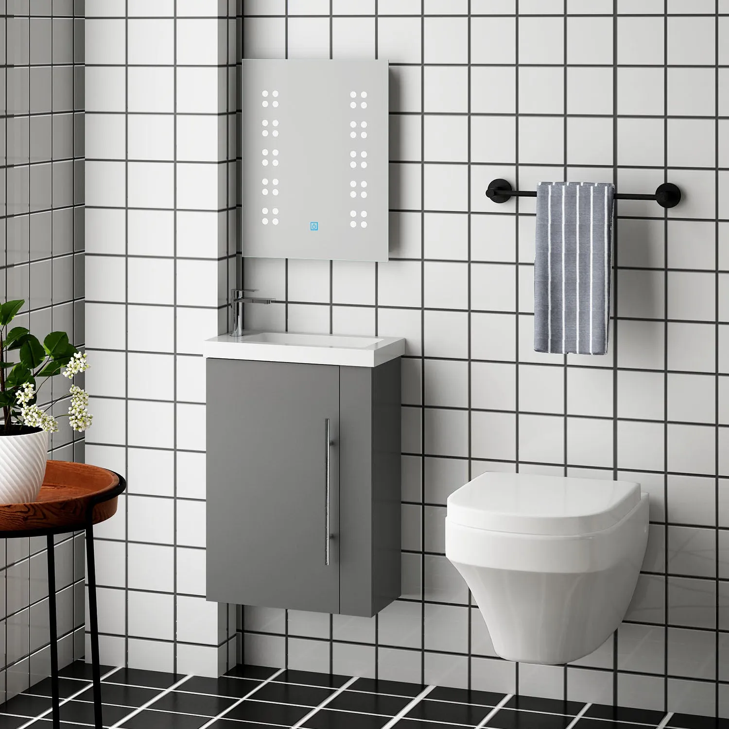 Aica Mobile Bagno Monoblocco Sospeso 44×23×60 cm per Piccoli Spazi con Maniglia e Lavabo in Alluminio