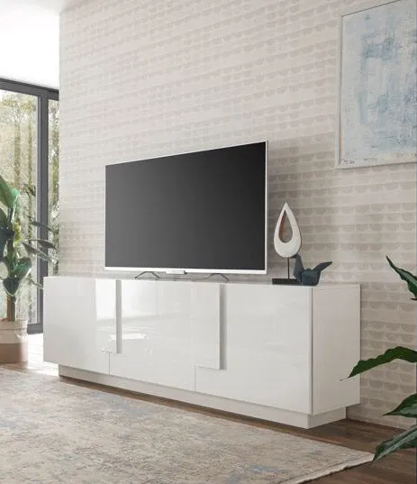 Alexander - Mobile alto porta tv da soggiorno 3 ante in legno bianco lucido cm 182x44x63h