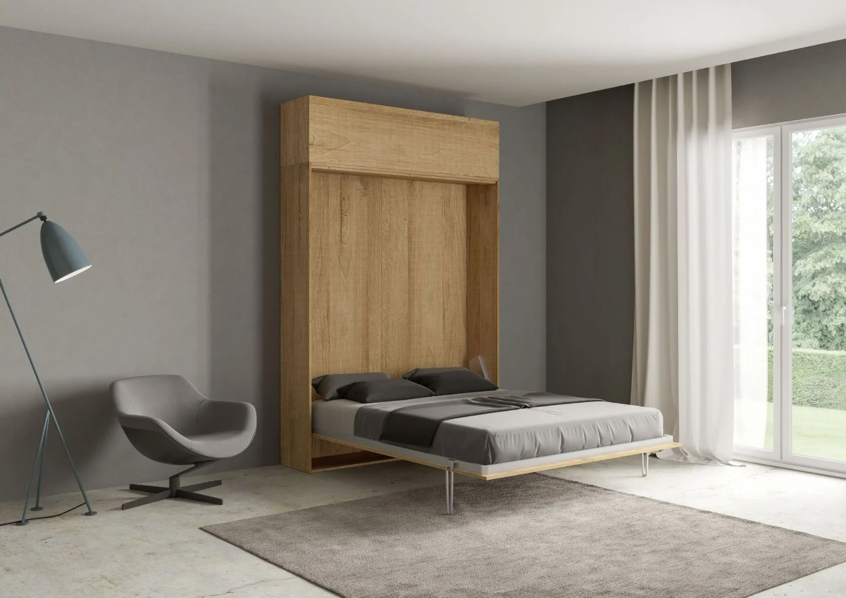 Andales - Letto matrimoniale a scomparsa in legno con pensile superiore cm 174x39x250h - vari colori