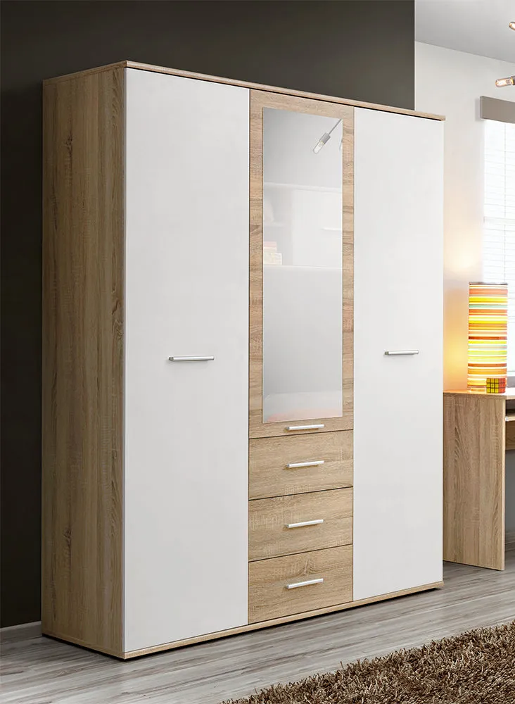 Armadio 3 ante moderno con specchio e cassetti in legno naturale e bianco cm 135x55x191h