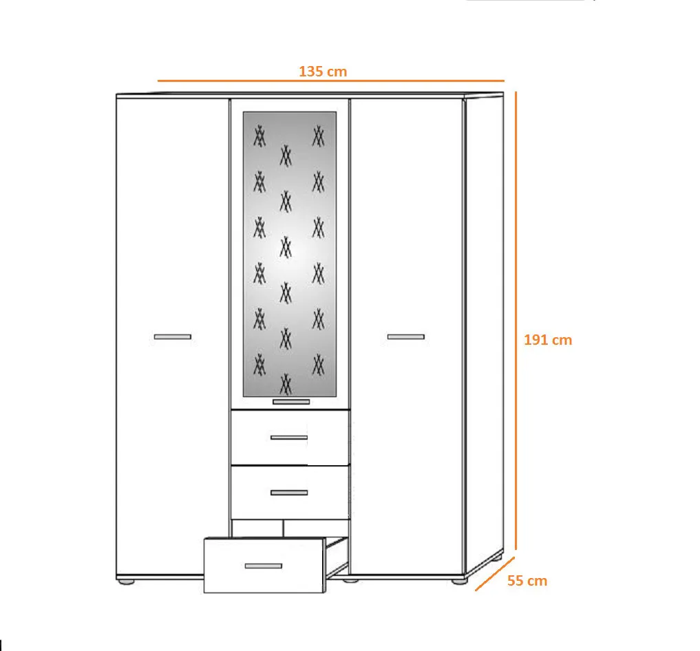 Armadio 3 ante moderno con specchio e cassetti in legno naturale e bianco cm 135x55x191h