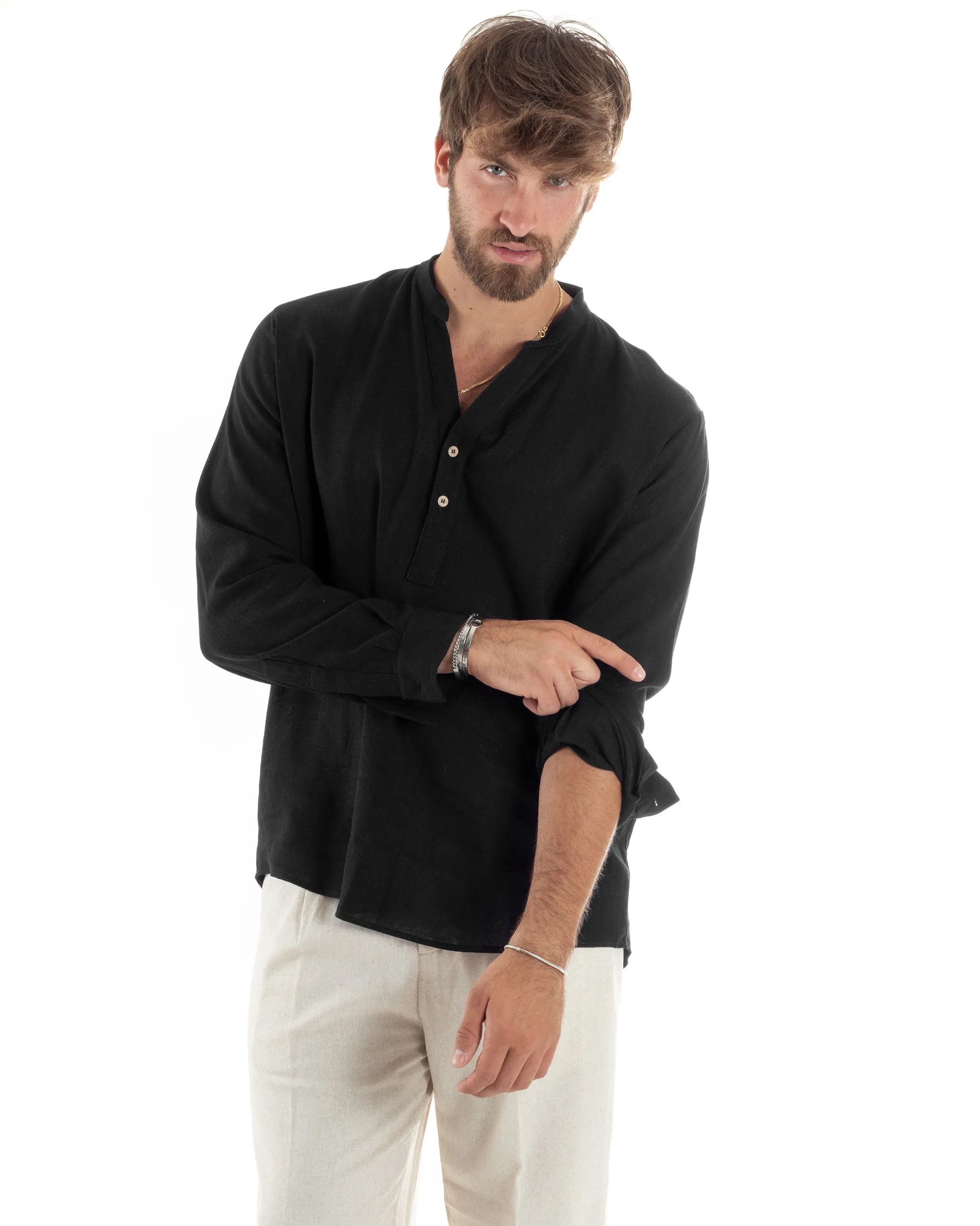 Camicia Maniche Lunghe Uomo Lino Regular Fit Collo Serafino Alla Coreana Casual Tinta Unita Nero GIOSAL-C2867A