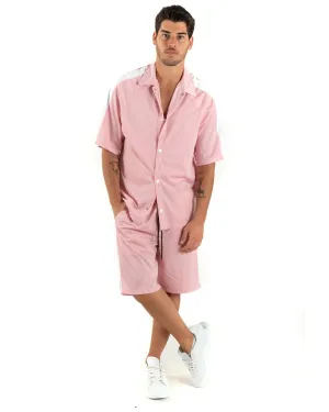 Completo Set Coordinato Uomo Viscosa Camicia Con Colletto Bermuda Outfit Rosa GIOSAL-OU2363A