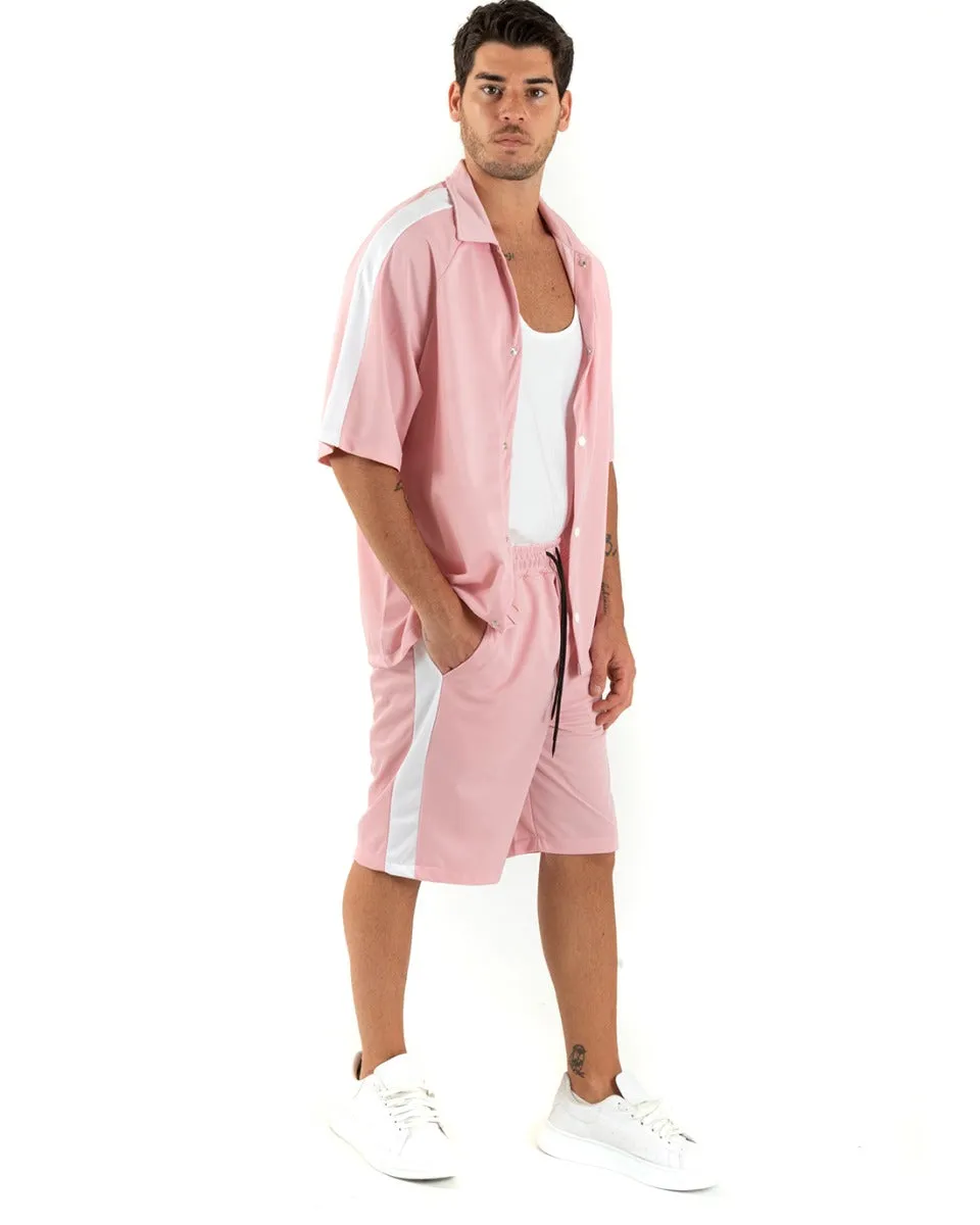 Completo Set Coordinato Uomo Viscosa Camicia Con Colletto Bermuda Outfit Rosa GIOSAL-OU2363A