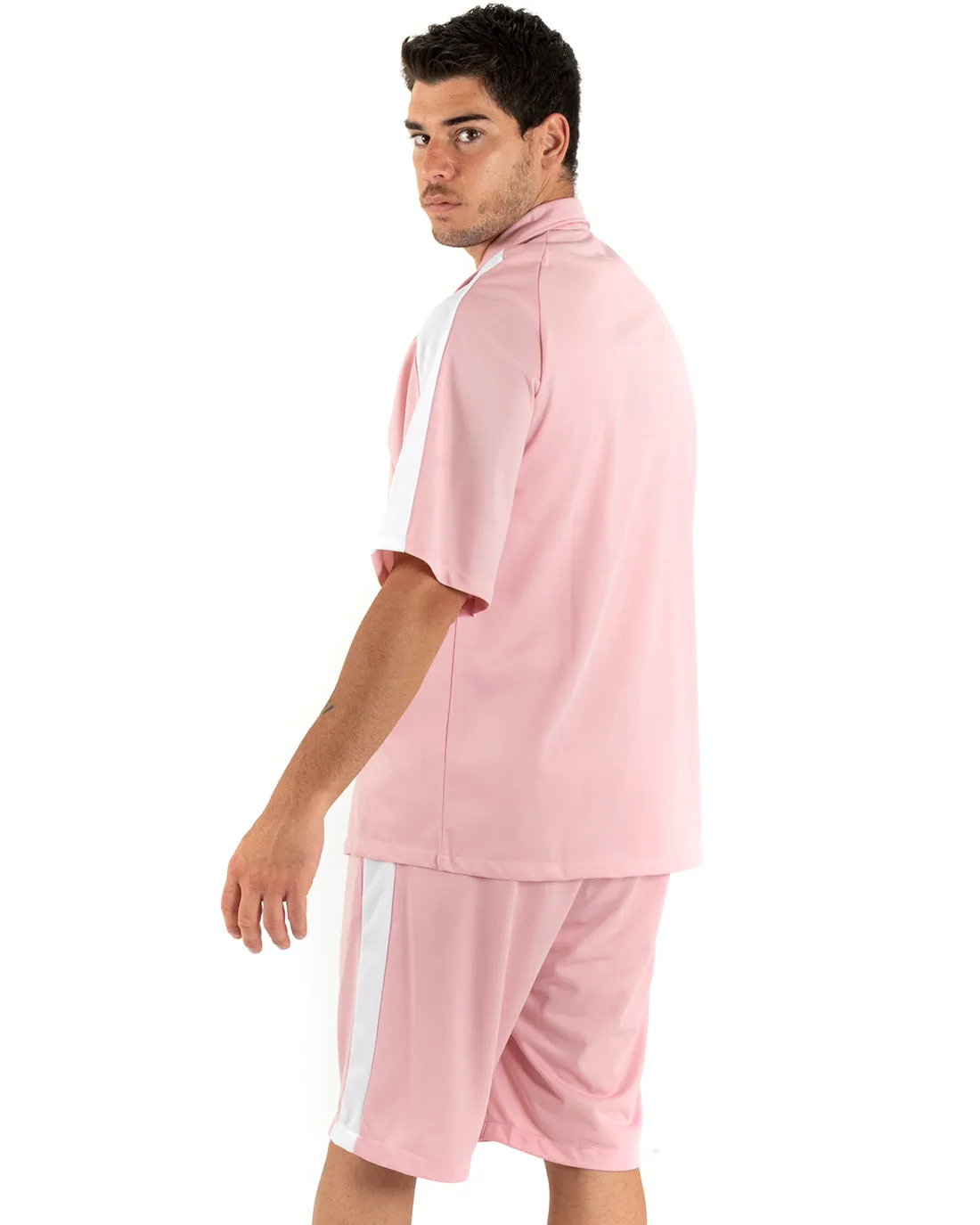 Completo Set Coordinato Uomo Viscosa Camicia Con Colletto Bermuda Outfit Rosa GIOSAL-OU2363A