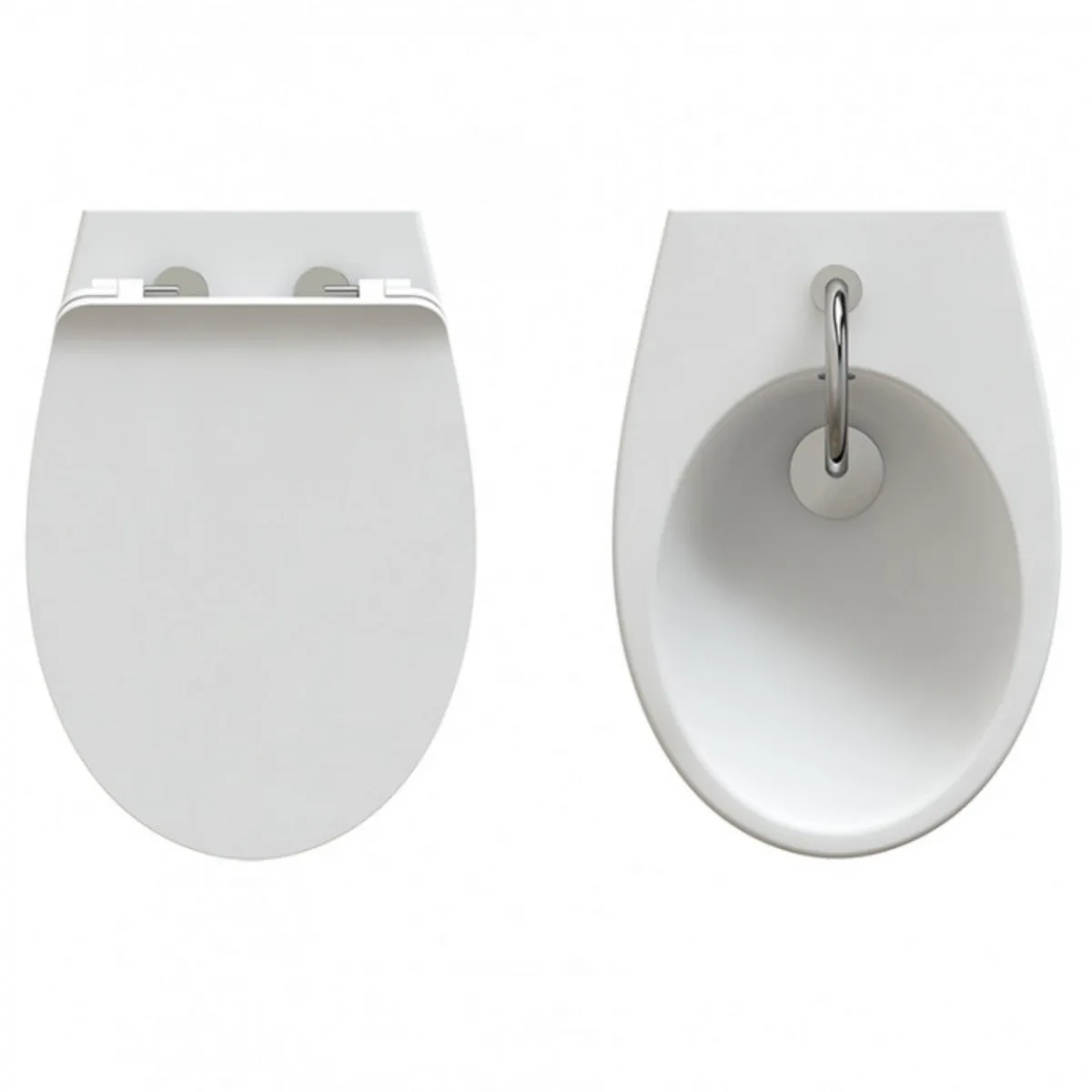 Coppia Sanitari Sospesi Colore Bianco Serie Comfy Wc rimless con coprivaso slim rallentato e bidet monoforo sospesi per installazione a muro serie Comfy