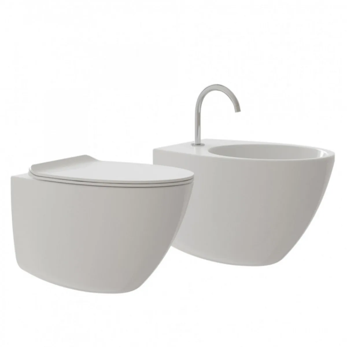 Coppia Sanitari Sospesi Colore Bianco Serie Comfy Wc rimless con coprivaso slim rallentato e bidet monoforo sospesi per installazione a muro serie Comfy