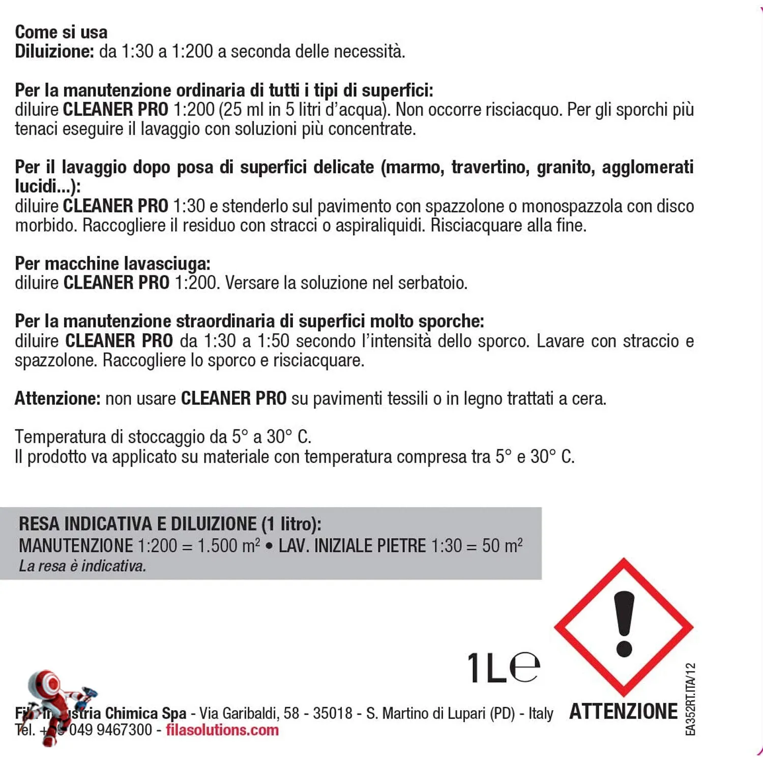 Fila - Cleaner Pro lt. 1 & lt. 5 detergente per la pulizia ordinaria di gres porcellanato