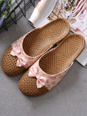 Floral Bowknot Splicing Linen Slippers